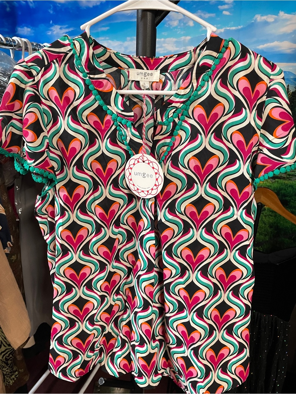 Umgee Pink, Teal & Black Retro Heart Print Blouse